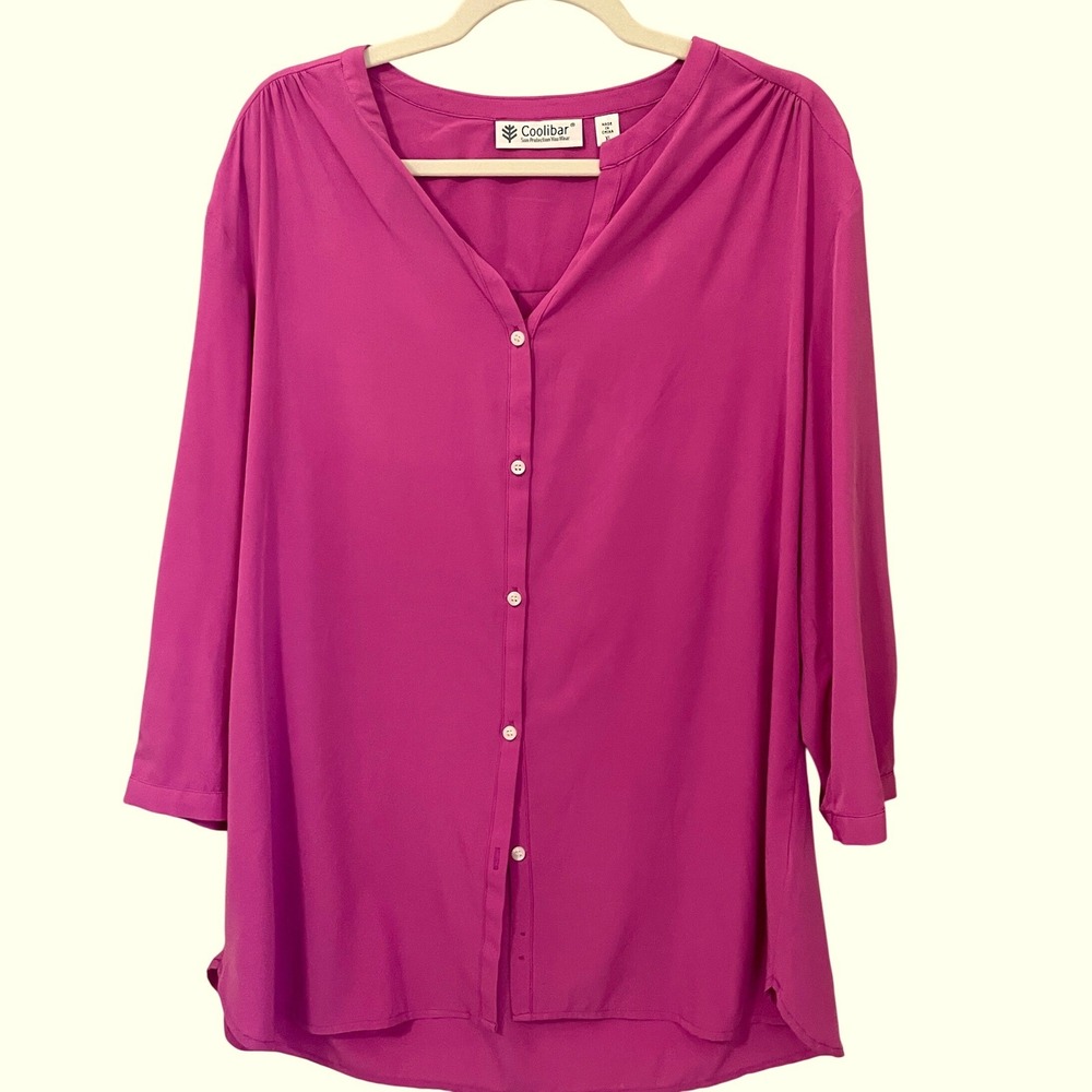 Coolibar XL Magenta Pink UPF 50 Sun Protection 3/4 Sleeve Button‎ Front Tunic